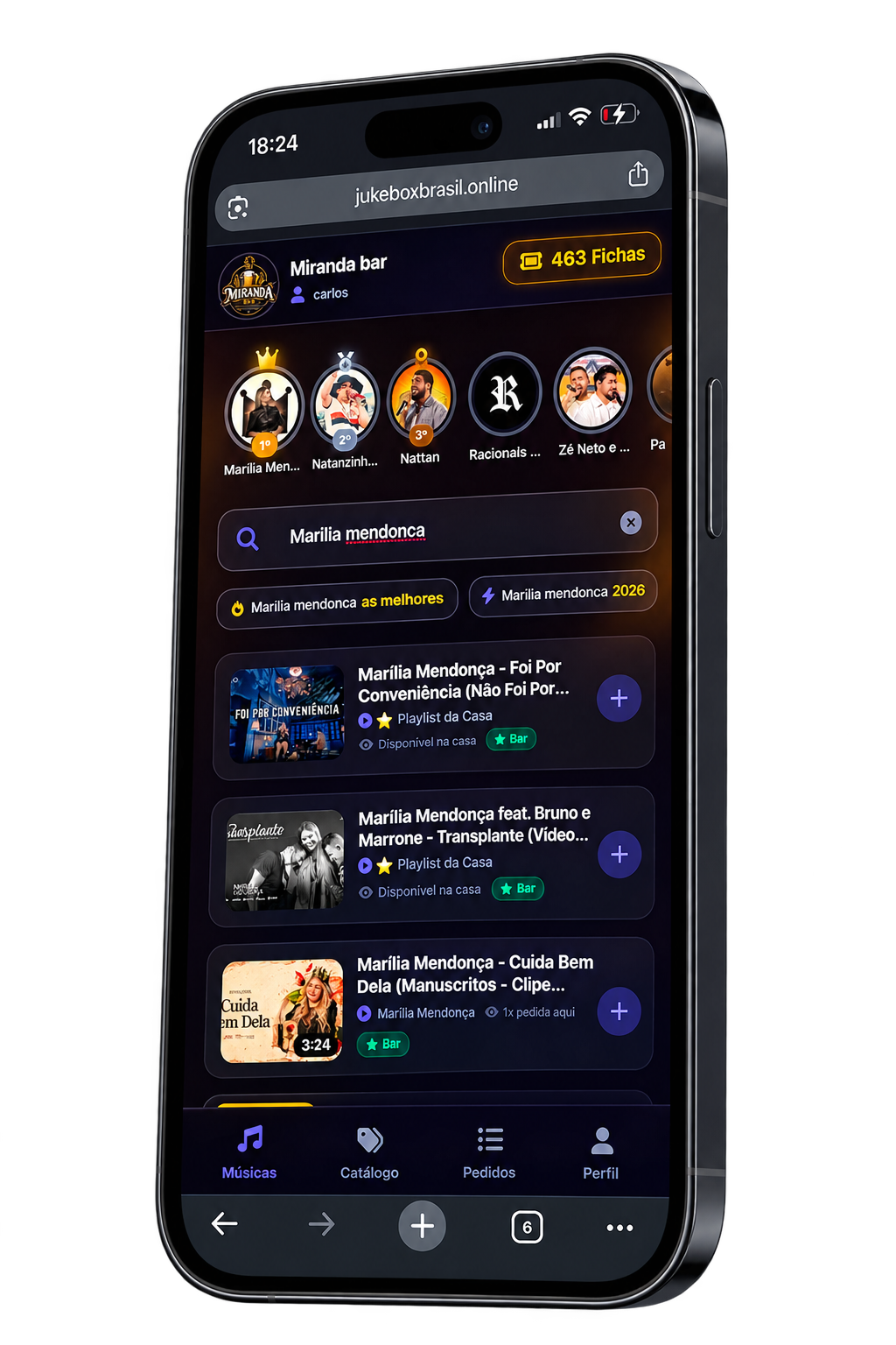 Interface do cliente JukeBox Brasil no smartphone — busca de músicas e pagamento PIX sem instalar app