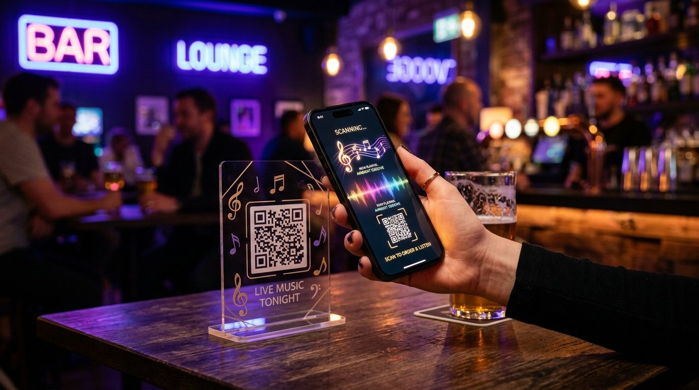 Cliente escaneando QR Code da JukeBox Brasil no bar